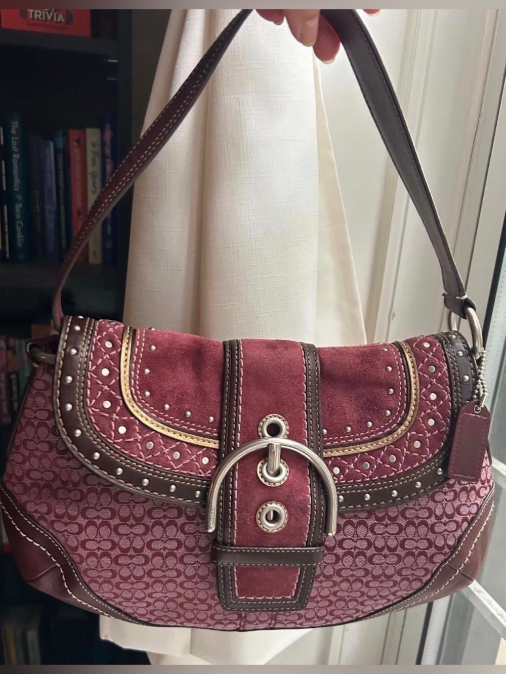 Coach Soho Flap RARE Plum/Burgundy Suede & Mini C Shoulder Bag with Studs